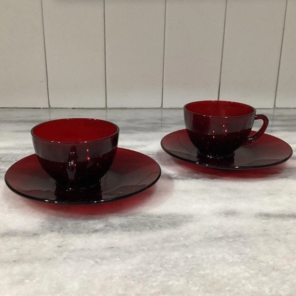 Anchor‎ Hocking Royal Ruby Red Teacups & Saucers, Set of 2, Vintage Glassware